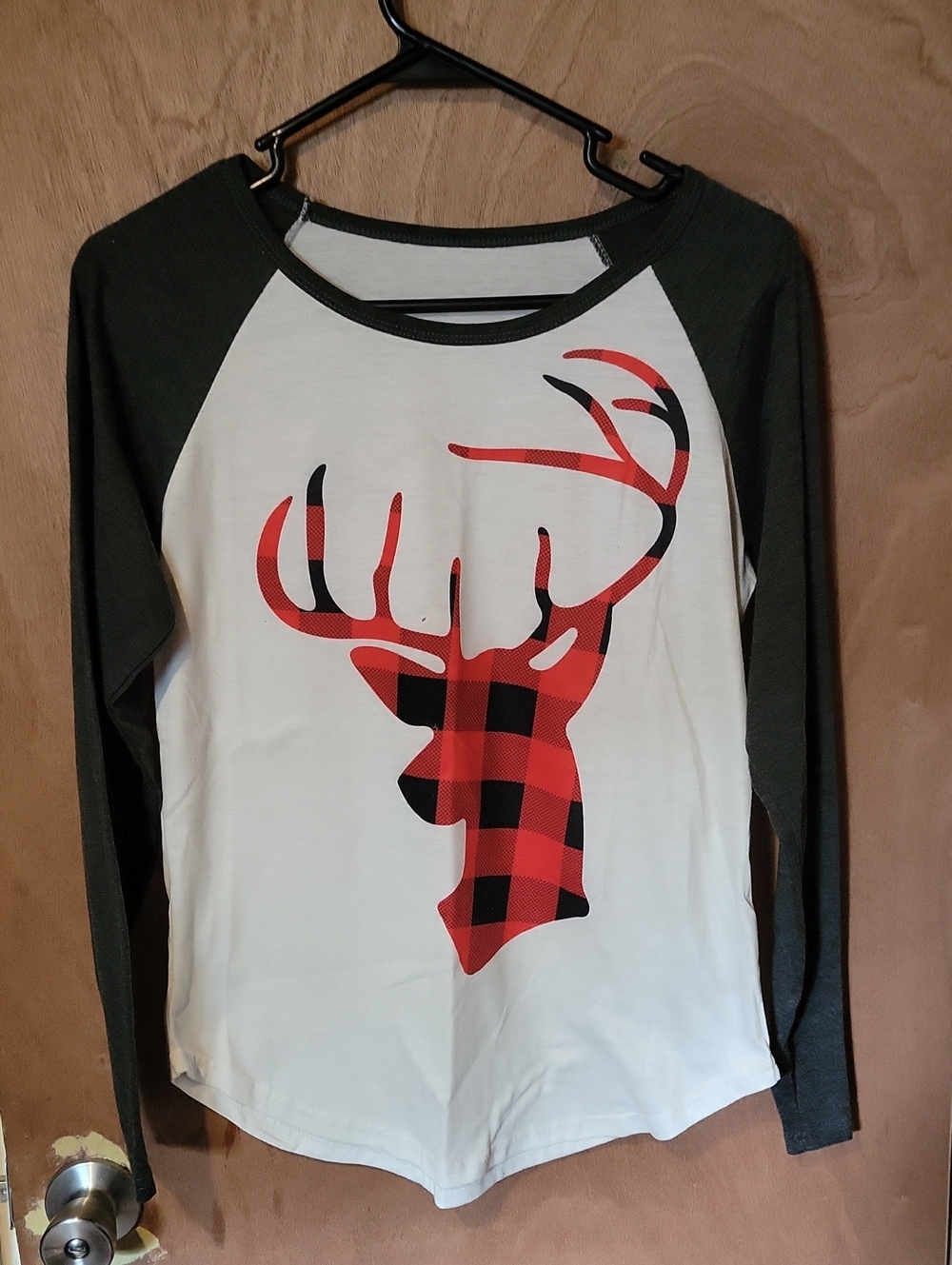White & Grey Raglan Top with Red Buffalo Plaid Deer Graphic
